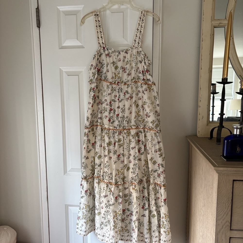 Max Studio Cream Floral Tiered Sundress with Pink and Green Accents